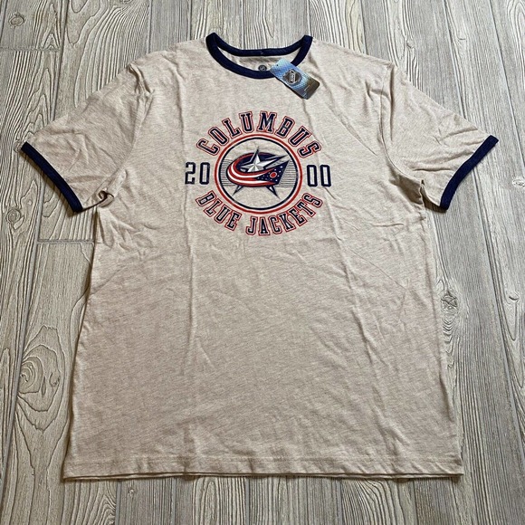 NHL Columbus Blue Jackets Logo Ringer Tee Men’s L Heather Beige Distressed New - Picture 1 of 10